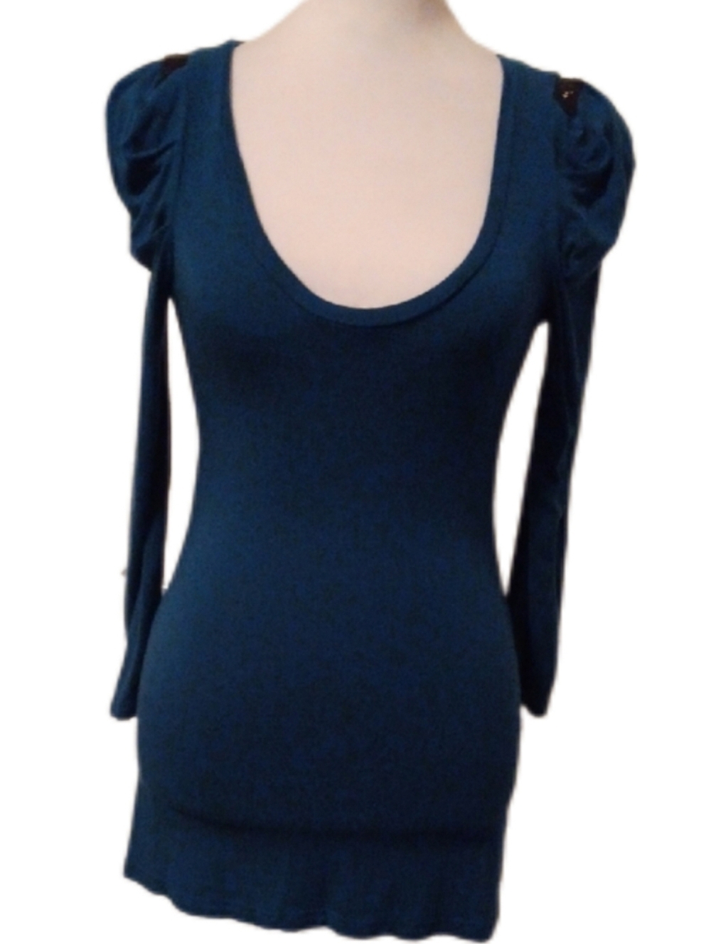 << BEBE Teal Long Sleeve Scoop Neck Top with Shoulder Detail Women's Size Small